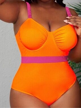 SHEIN Slayr Push-up Colorblock Ruched Swimsuit Orange and Pink 3XL (18)